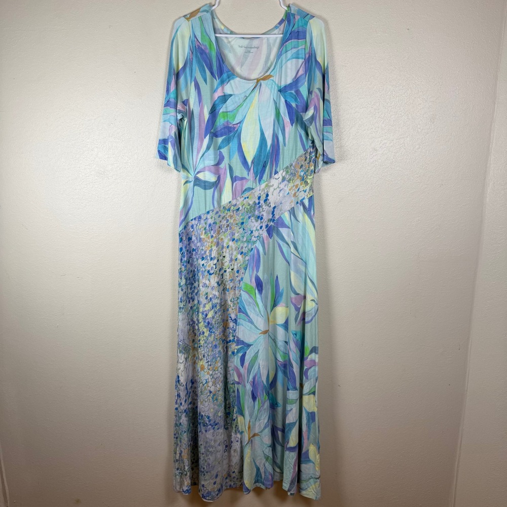 Soft Surroundings Womens Floral Abstract Maxi Dress Blue Purple Elbow‎ Sleeve L